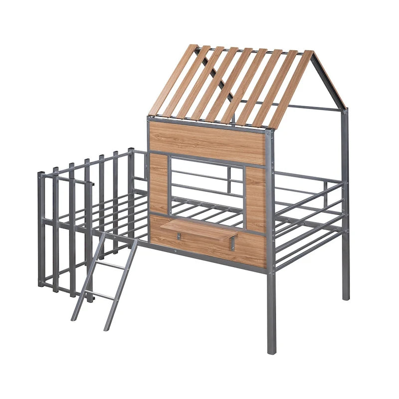 Silver Twin Size Metal Loft Bed with Roof, Window, Guardrail and Ladder for Kids, Boys and Girls, Bedroom