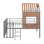 Silver Twin Size Metal House Loft Bed with Roof, Window, Guardrail and Ladder