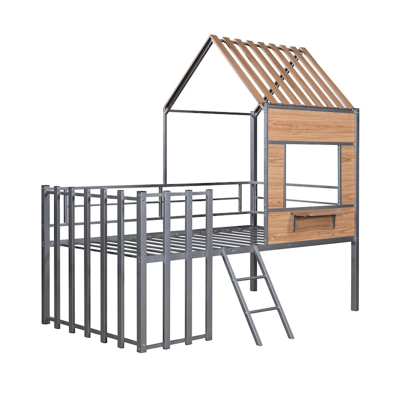 Silver Twin Size Metal House Loft Bed with Roof, Window, Guardrail and Ladder