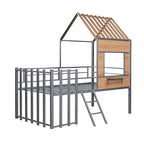 Silver Twin Size Metal House Loft Bed with Roof, Window, Guardrail and Ladder