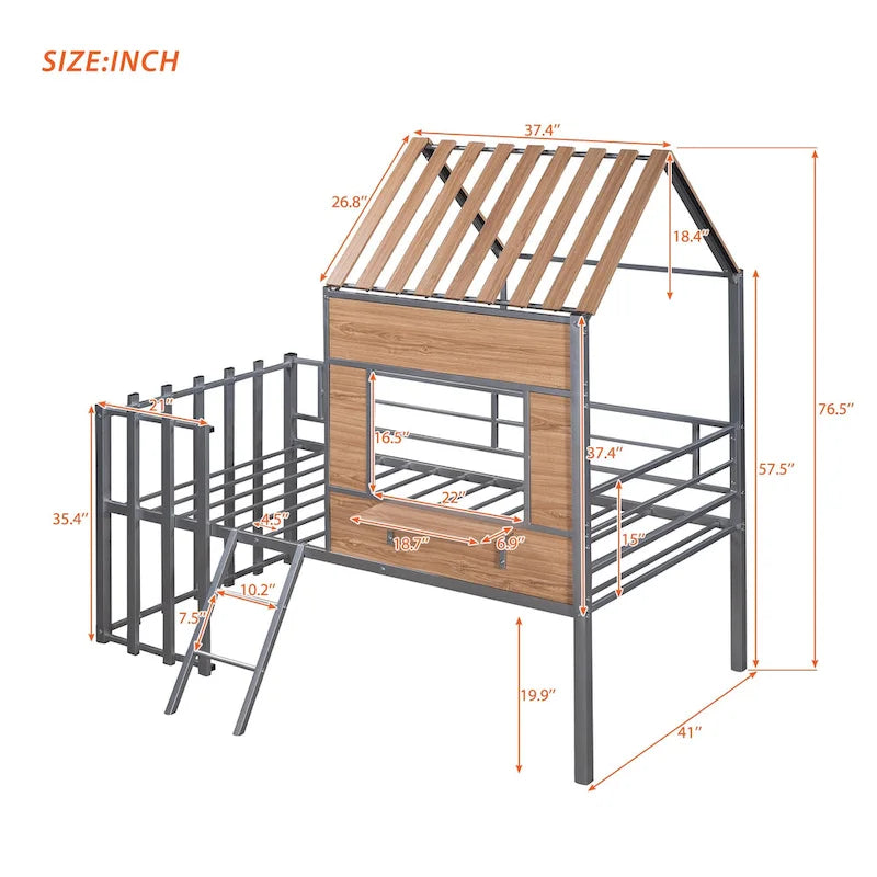 Silver Twin Size Metal House Loft Bed with Roof, Window, Guardrail and Ladder
