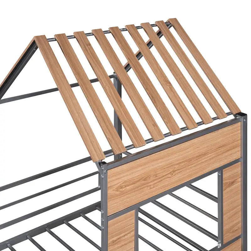 Silver Twin Size Metal House Loft Bed with Roof, Window, Guardrail and Ladder