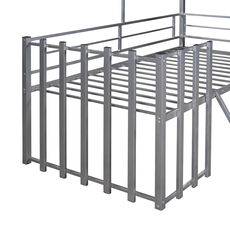 Silver Twin Size Metal House Loft Bed with Roof, Window, Guardrail and Ladder