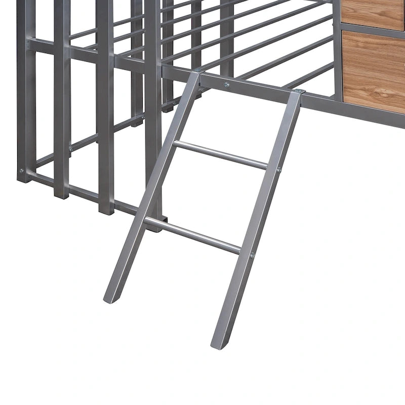 Silver Twin Size Metal House Loft Bed with Roof, Window, Guardrail and Ladder