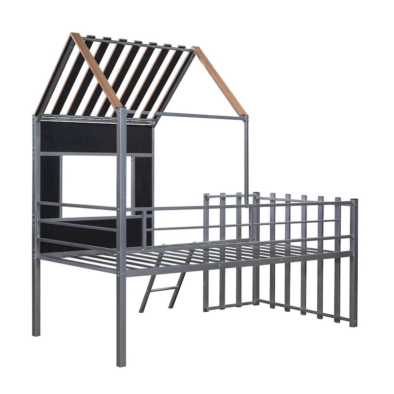 Silver Twin Size Metal House Loft Bed with Roof, Window, Guardrail and Ladder
