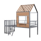 Silver Twin Size Metal House Loft Bed with Roof, Window, Guardrail and Ladder