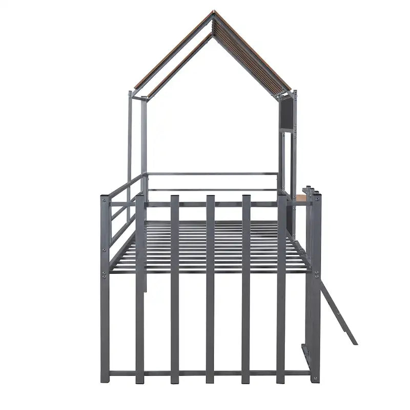 Silver Twin Size Metal House Loft Bed with Roof, Window, Guardrail and Ladder