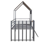 Silver Twin Size Metal House Loft Bed with Roof, Window, Guardrail and Ladder