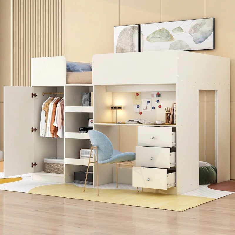 Beige Full Size Solid Wood Loft Bed with Wardrobe, Desk, Shelves and Drawers