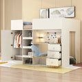 Beige Full Size Solid Wood Loft Bed with Wardrobe, Desk, Shelves and Drawers