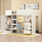 Beige Full Size Solid Wood Loft Bed with Wardrobe, Desk, Shelves and Drawers