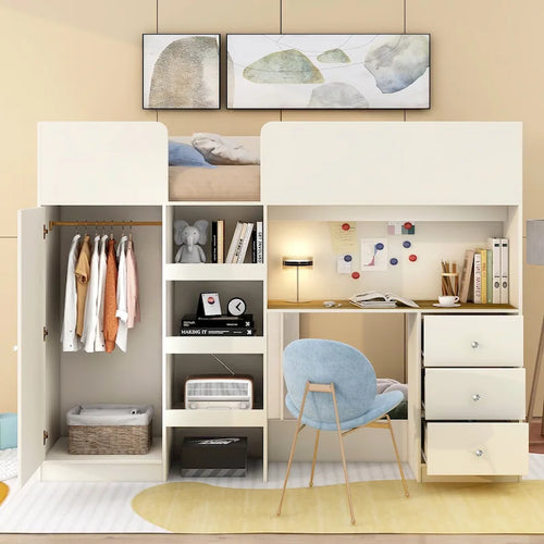 Beige Full Size Solid Wood Loft Bed with Built-in Wardrobe, Desk, Storage Shelves and Drawers