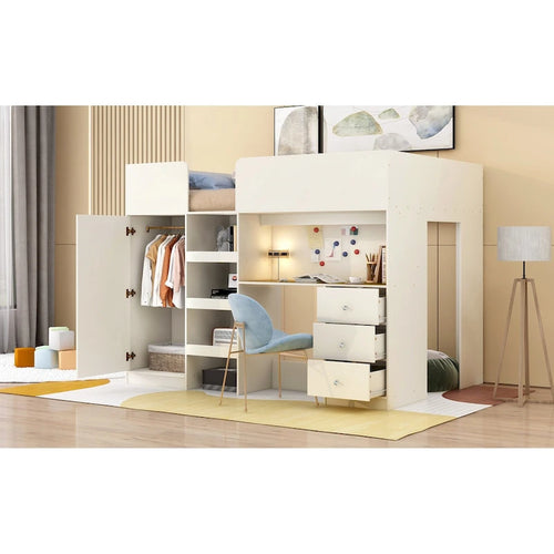 Beige Full Size Solid Wood Loft Bed with Wardrobe, Desk, Shelves and Drawers