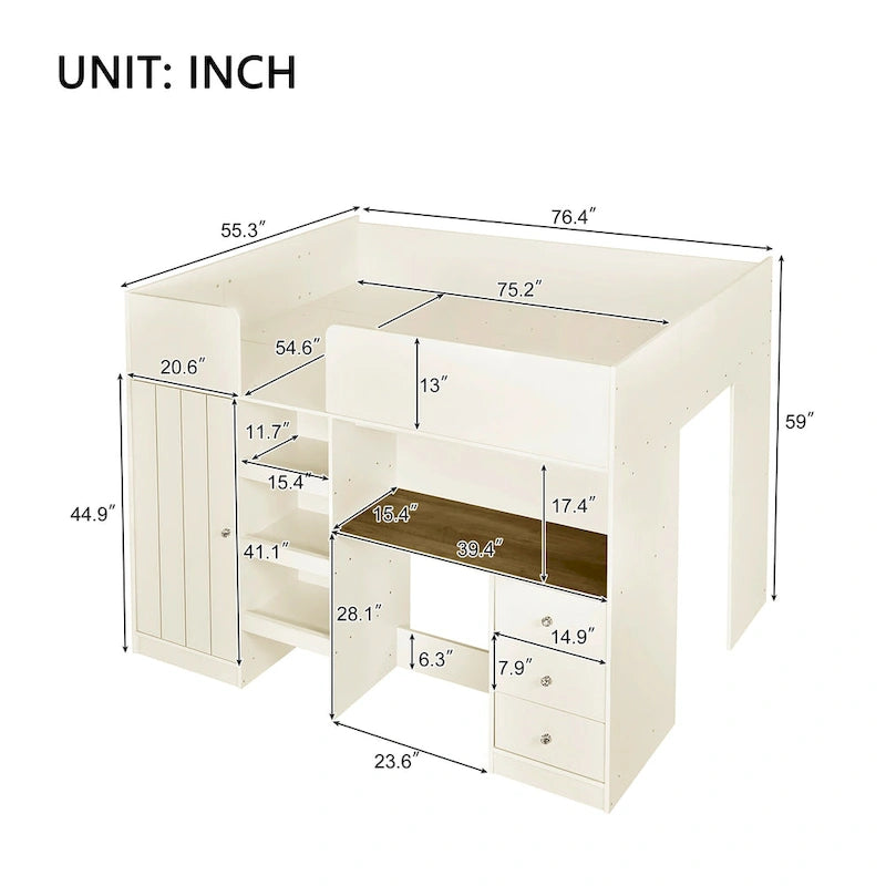 Beige Full Size Solid Wood Loft Bed with Wardrobe, Desk, Shelves and Drawers