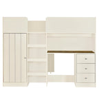 Beige Full Size Solid Wood Loft Bed with Wardrobe, Desk, Shelves and Drawers
