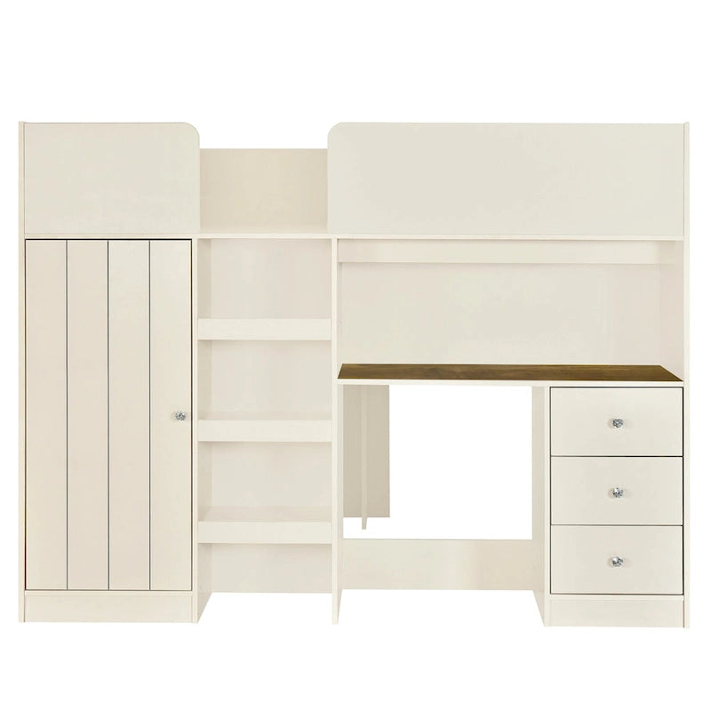 Beige Full Size Solid Wood Loft Bed with Wardrobe, Desk, Shelves and Drawers
