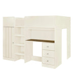 Beige Full Size Solid Wood Loft Bed with Wardrobe, Desk, Shelves and Drawers
