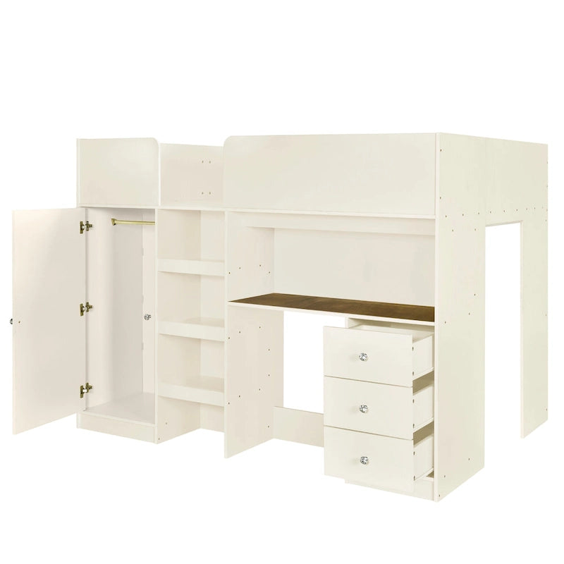 Beige Full Size Solid Wood Loft Bed with Wardrobe, Desk, Shelves and Drawers