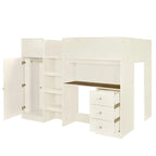 Beige Full Size Solid Wood Loft Bed with Wardrobe, Desk, Shelves and Drawers