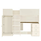 Beige Full Size Solid Wood Loft Bed with Wardrobe, Desk, Shelves and Drawers