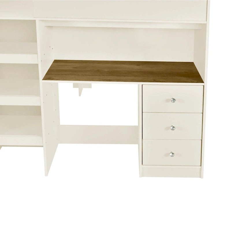 Beige Full Size Solid Wood Loft Bed with Wardrobe, Desk, Shelves and Drawers