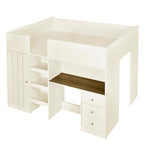 Beige Full Size Solid Wood Loft Bed with Wardrobe, Desk, Shelves and Drawers