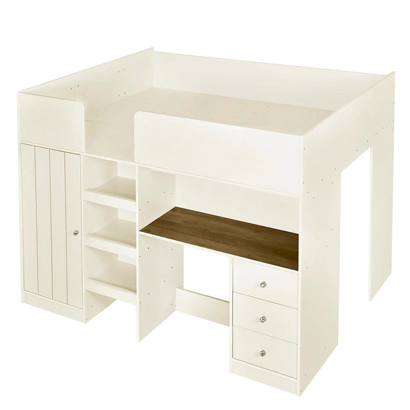 Beige Full Size Solid Wood Loft Bed with Wardrobe, Desk, Shelves and Drawers
