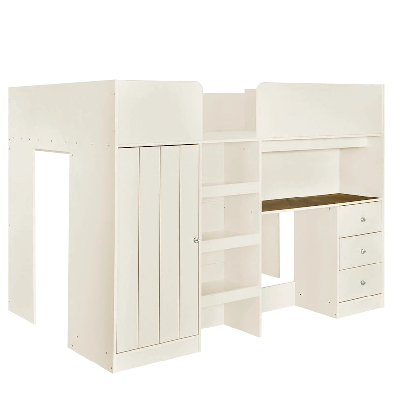 Beige Full Size Solid Wood Loft Bed with Wardrobe, Desk, Shelves and Drawers
