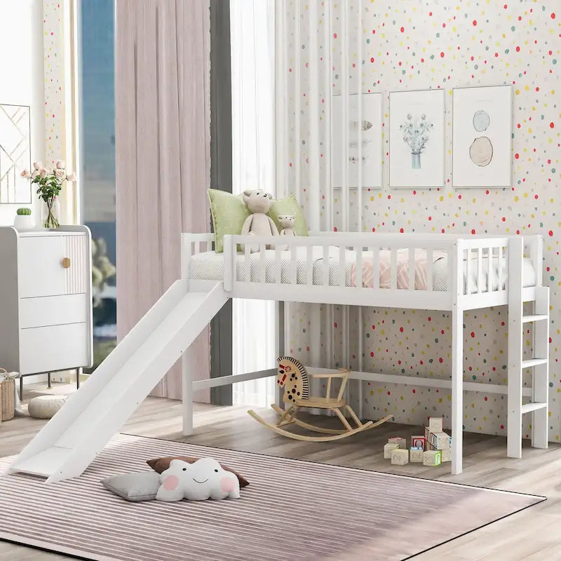 White Twin Size Wood Low Loft Bed with Removable Slide and Ladder for Kids