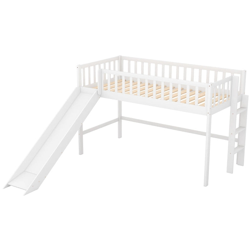 White Twin Size Wood Low Loft Bed with Removable Slide and Ladder for Kids