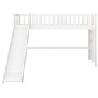 White Twin Size Wood Low Loft Bed with Removable Slide and Ladder for Kids