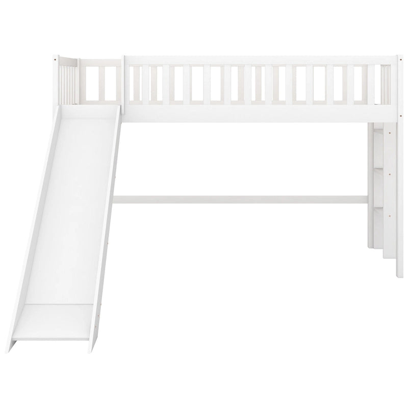 White Twin Size Wood Low Loft Bed with Removable Slide and Ladder for Kids