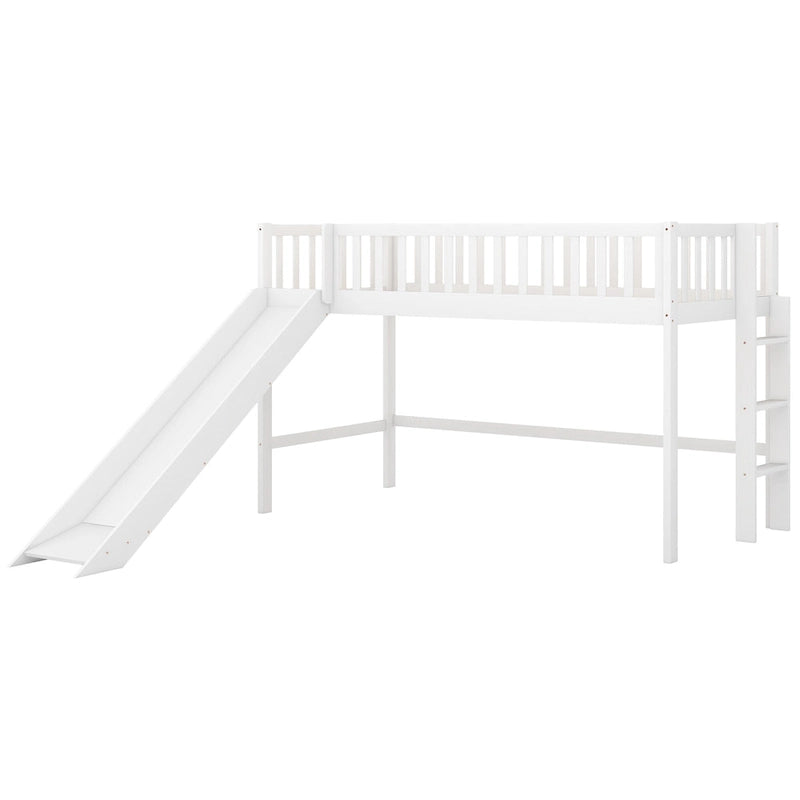White Twin Size Wood Low Loft Bed with Removable Slide and Ladder for Kids