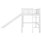 White Twin Size Wood Low Loft Bed with Removable Slide and Ladder for Kids