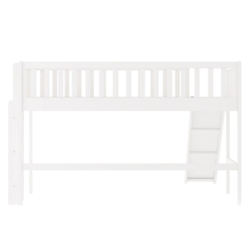 White Twin Size Wood Low Loft Bed with Removable Slide and Ladder for Kids