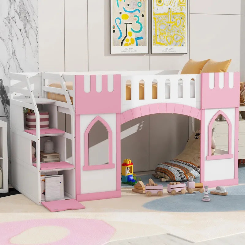 Pink Solid Wood Loft Bed with Storage Staircase and Window for Kids, Boys and Girls