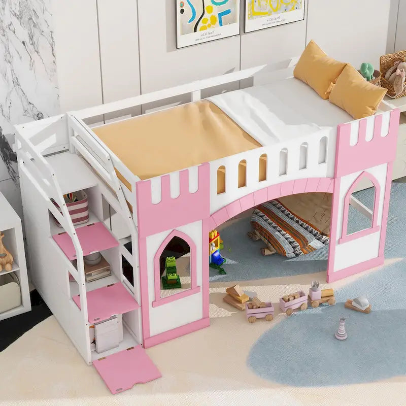 Pink Twin Size Solid Wood Loft Bed with Storage Staircase and Window for Kids