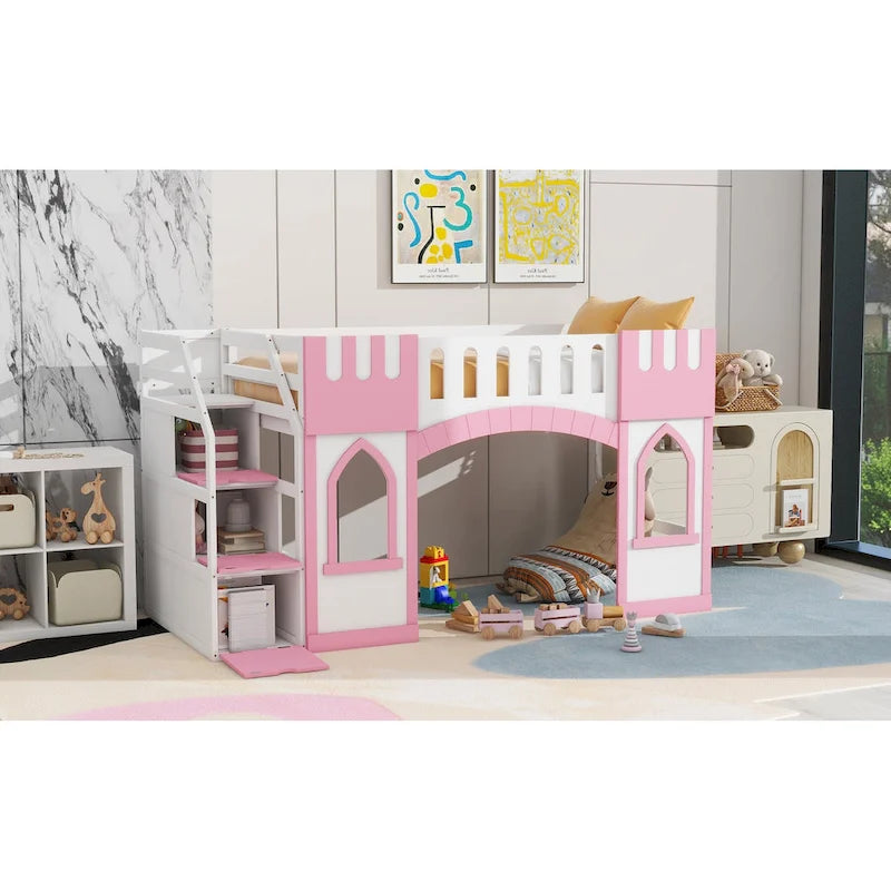 Pink Twin Size Solid Wood Loft Bed with Storage Staircase and Window for Kids