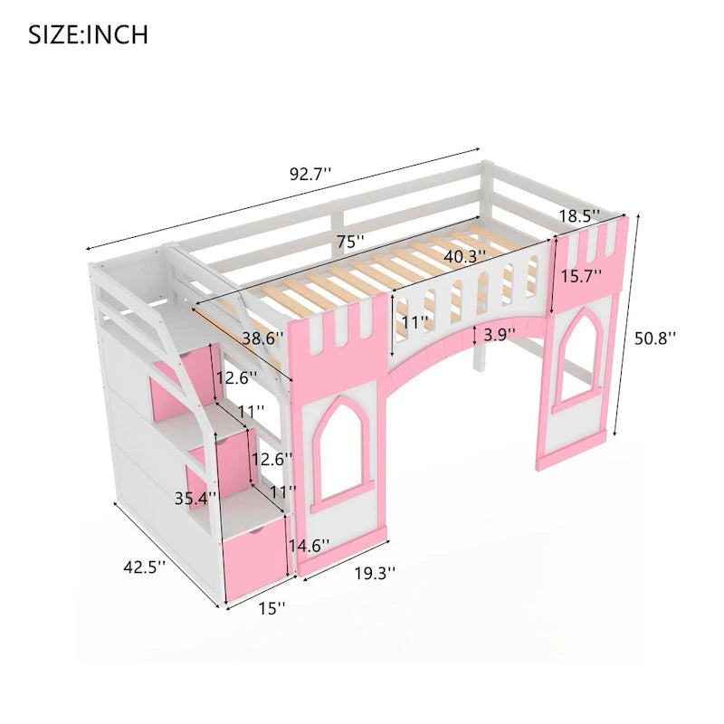 Pink Twin Size Solid Wood Loft Bed with Storage Staircase and Window for Kids