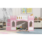 Pink Twin Size Solid Wood Loft Bed with Storage Staircase and Window for Kids