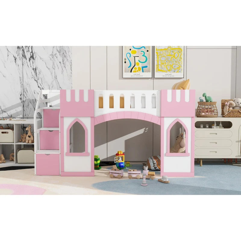 Pink Twin Size Solid Wood Loft Bed with Storage Staircase and Window for Kids