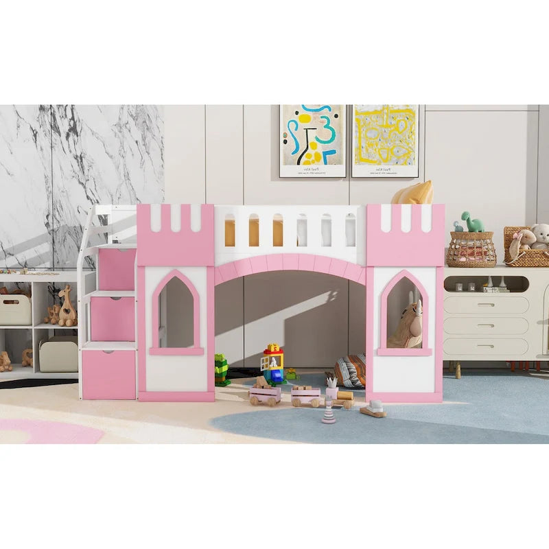 Pink Twin Size Solid Wood Loft Bed with Storage Staircase and Window for Kids