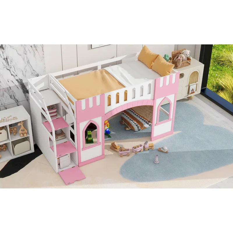 Pink Twin Size Solid Wood Loft Bed with Storage Staircase and Window for Kids