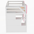 Pink Twin Size Solid Wood Loft Bed with Storage Staircase and Window for Kids