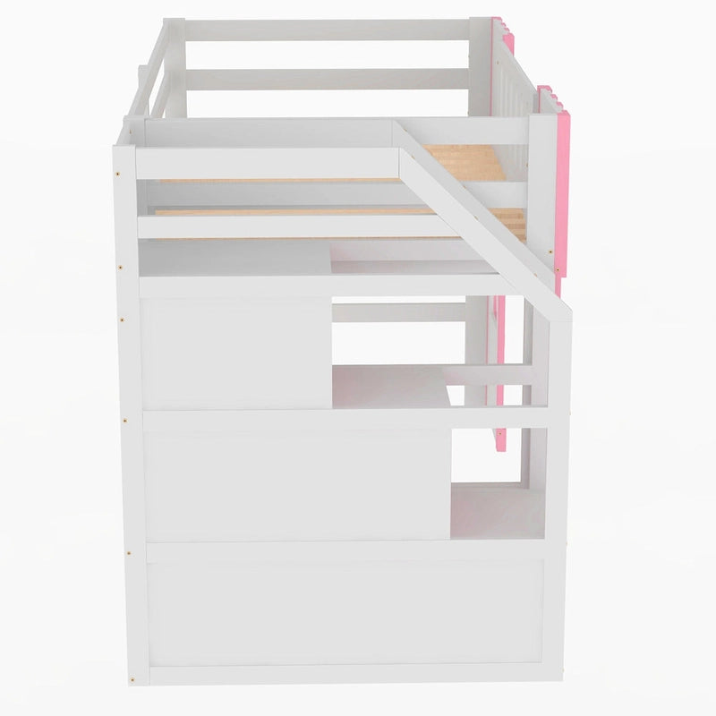 Pink Twin Size Solid Wood Loft Bed with Storage Staircase and Window for Kids