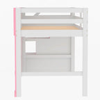 Pink Twin Size Solid Wood Loft Bed with Storage Staircase and Window for Kids