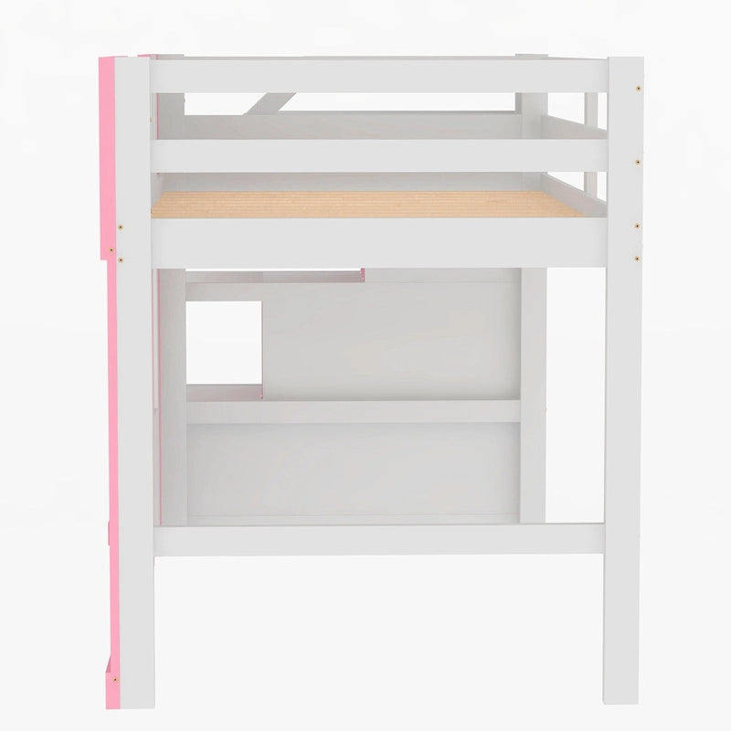 Pink Twin Size Solid Wood Loft Bed with Storage Staircase and Window for Kids