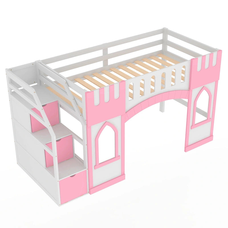 Pink Twin Size Solid Wood Loft Bed with Storage Staircase and Window for Kids