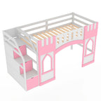 Pink Twin Size Solid Wood Loft Bed with Storage Staircase and Window for Kids