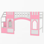 Pink Twin Size Solid Wood Loft Bed with Storage Staircase and Window for Kids